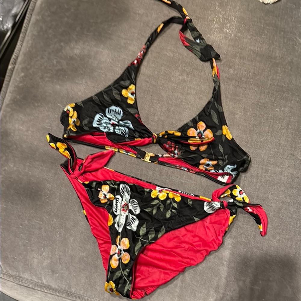 Mooching Floral Bikini Set with Red Accents